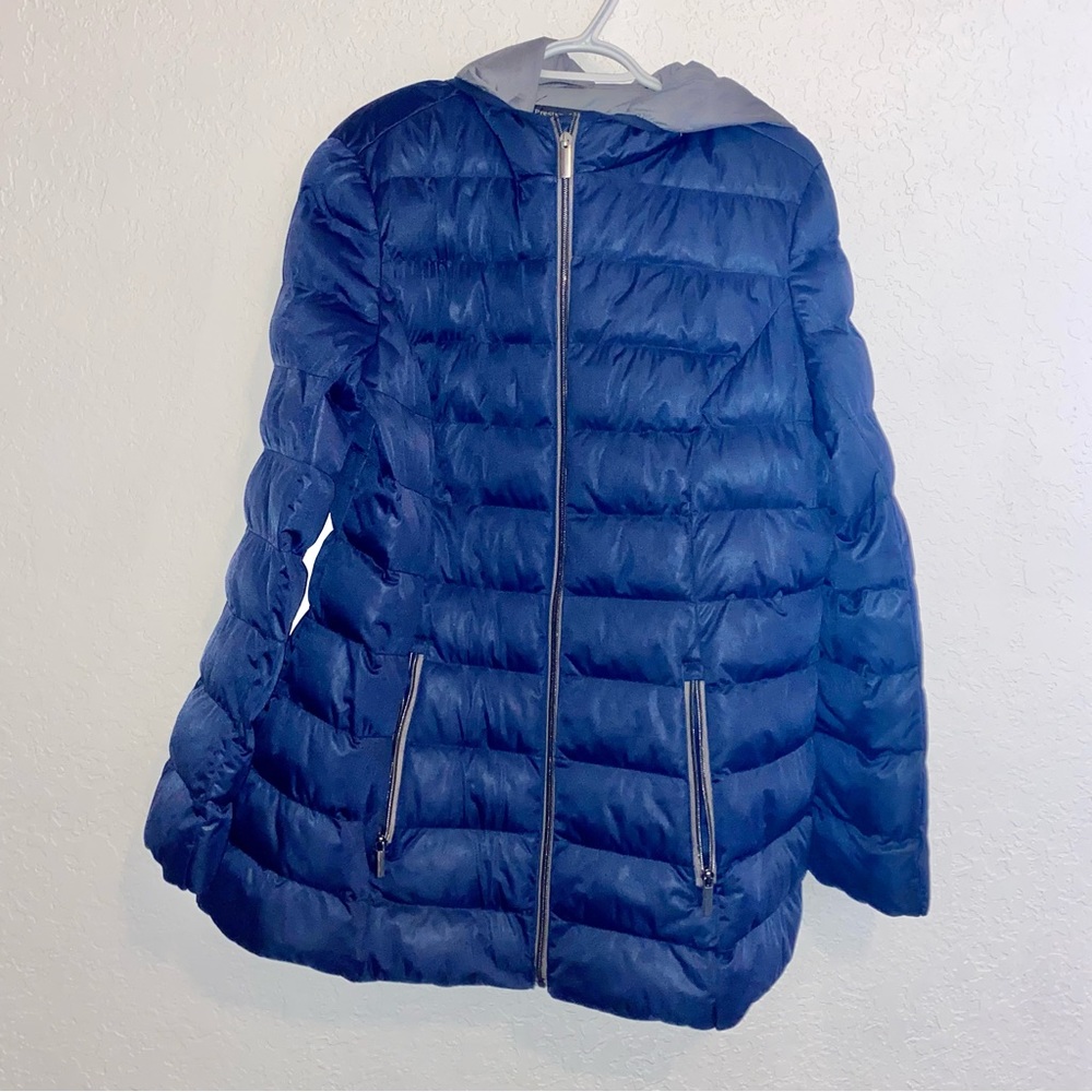 quilted jackets, puffy, puffer jacket, xl, hoody, blue and gray, zippers pockets